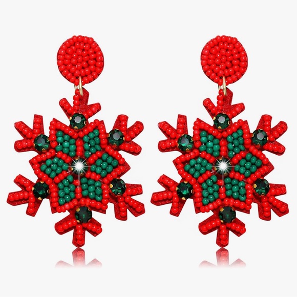 Betsey Johnson Handcrafted Christmas Red and Green Snowflake Drop Earrings - Picture 1 of 8